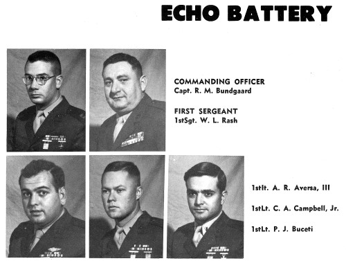 Baptain R. M. Bundgaard, First Sergeant W. L. Rash, 1st Lt. A. R. Avera, 1st Lt. C. A. Campbell, 1st Lt. Paul J. Buceti